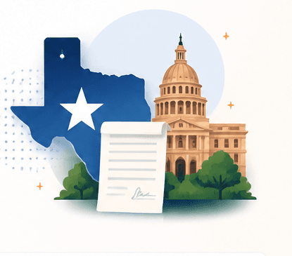 Illustration of Texas, the state capitol, and an estate document